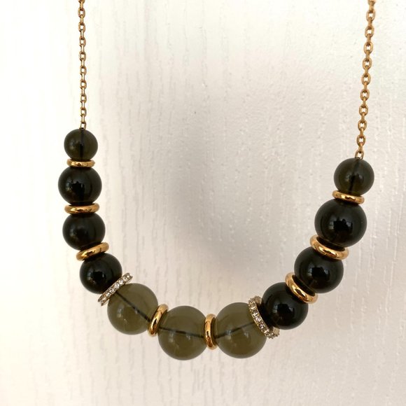 J. Crew Long Gold Tone Necklace with Dark Olive Green Beads - Picture 3 of 15
